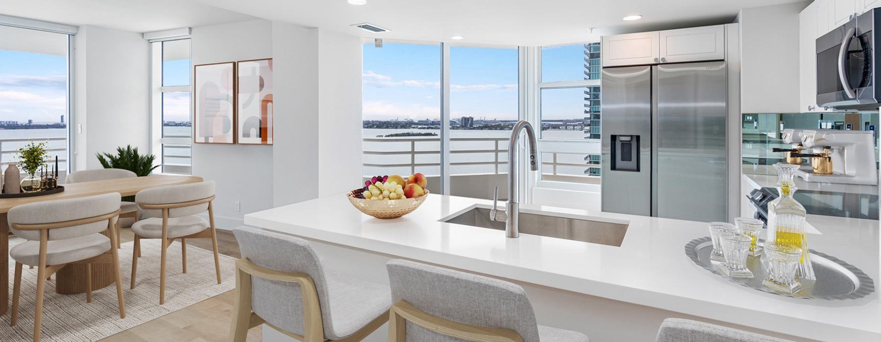 a kitchen with a large window