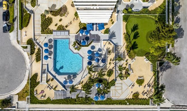 aerial view of a courtyard with a pool