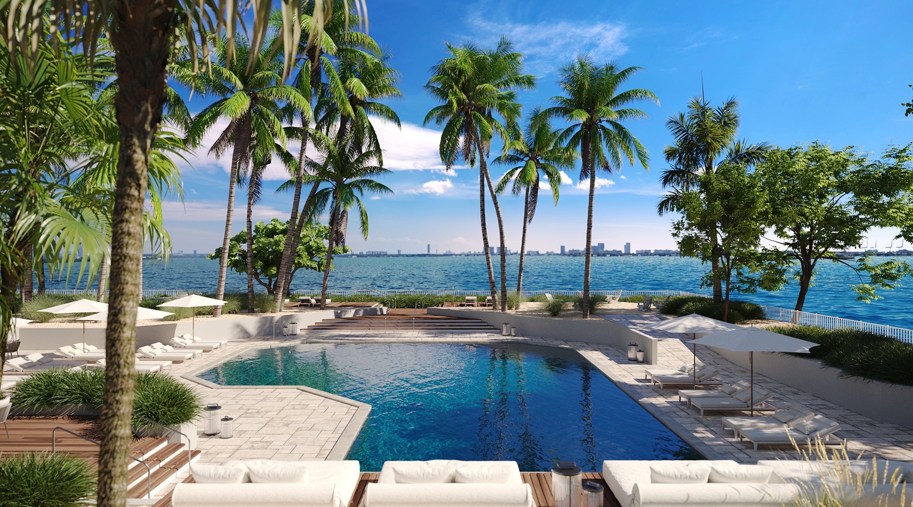 Resort-style swimming pool with lounge seating