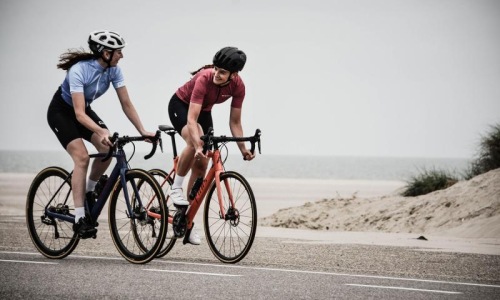 women bicycling on the road along a beach