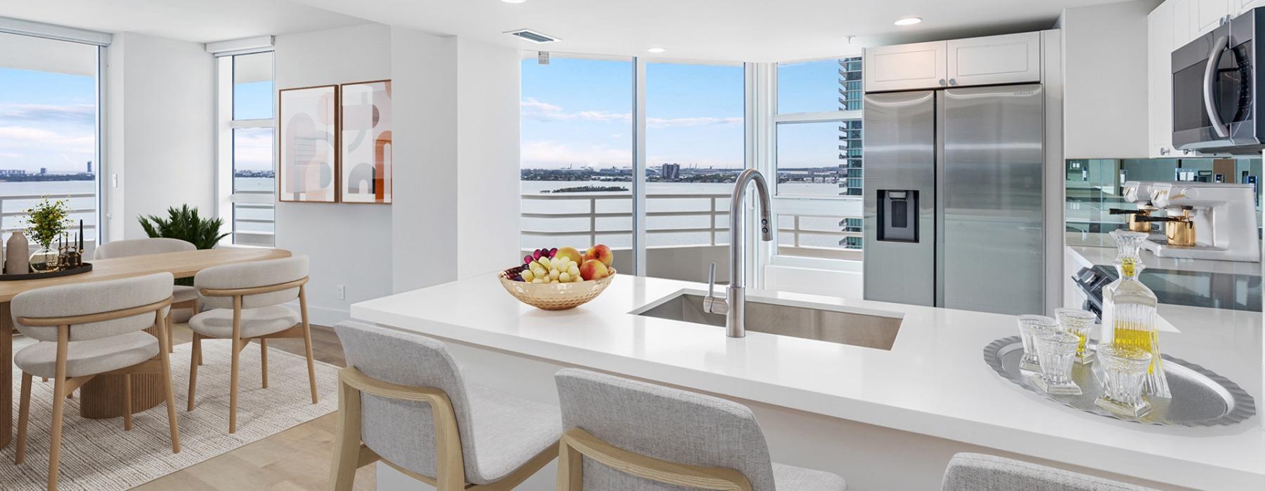 a kitchen with a large window
